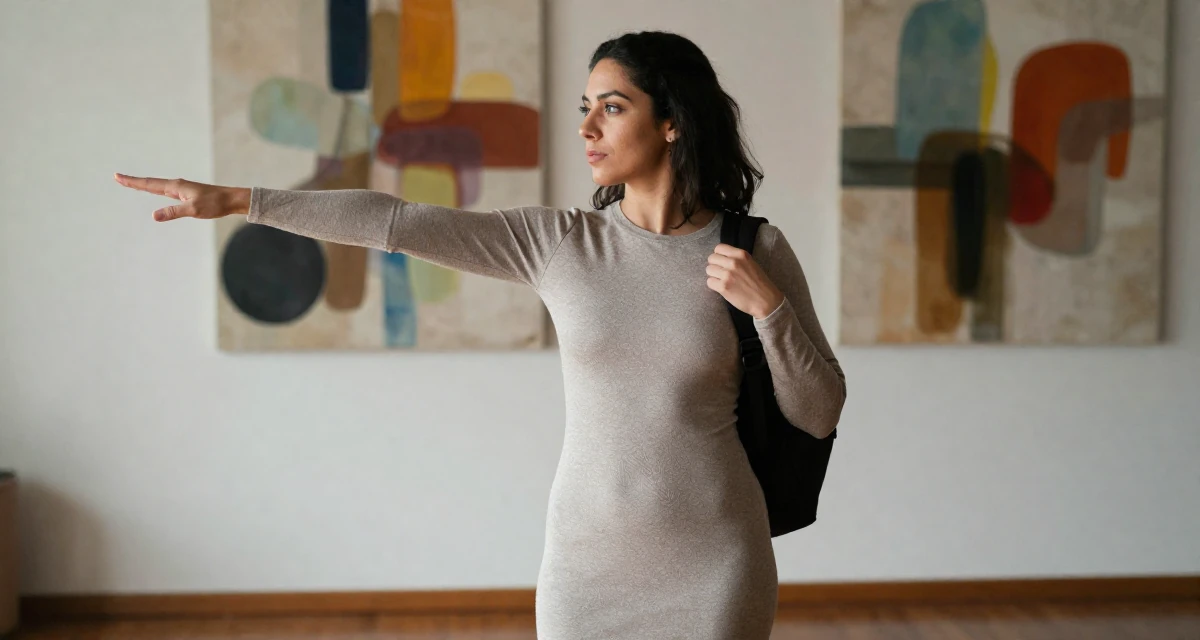 A confident and poised Female From Chile, based in Santiago, graduated from a communication college majoring in aesthetic storytelling in their 28, cultivating a sophisticated taste in art, wearing a tight knit midi dress with long sleeves, adjusting a backpack strap in a yoga studio.