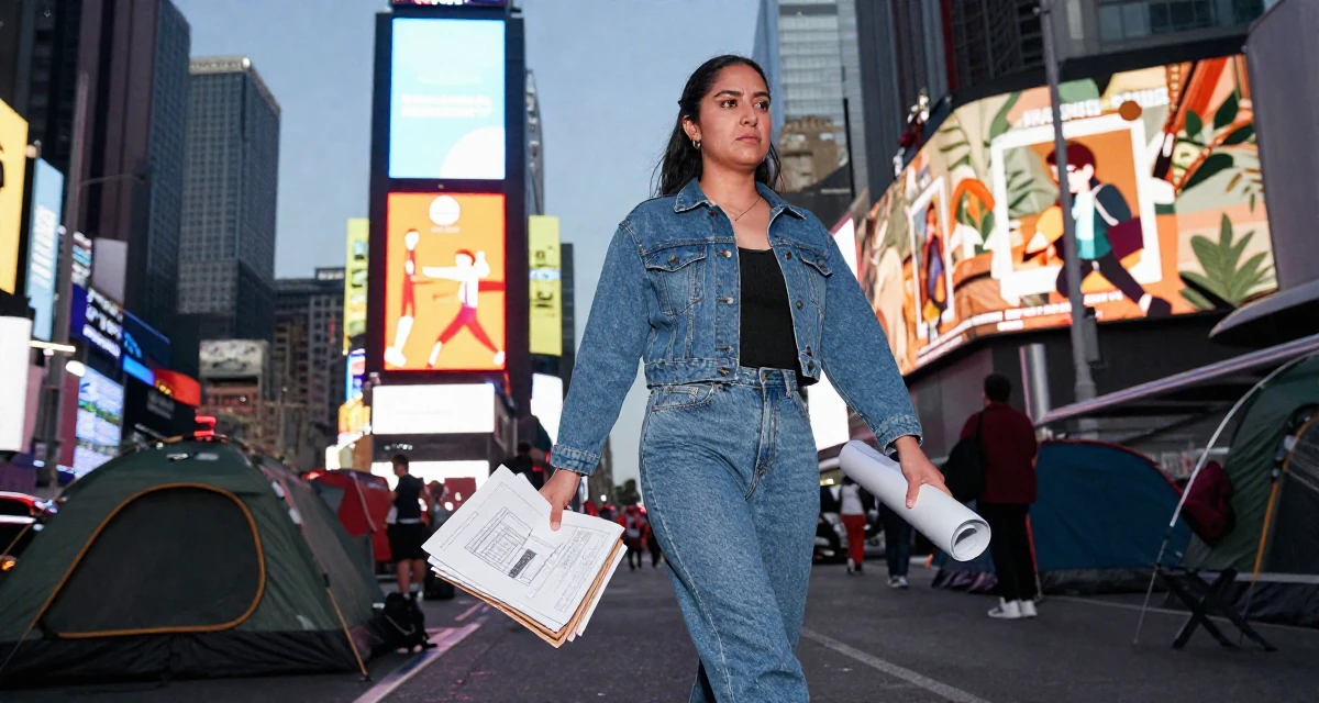 A serious Female From Mexico, studied graphic design and illustration in their 22, mourning the loss of the university community, wearing a fashionable denim on denim, carrying a stack of documents in a camping site.