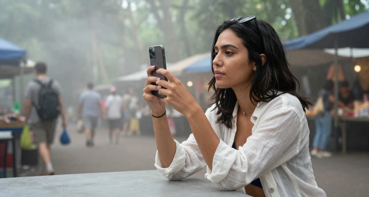 A dreamy Female From USA, studied marketing and consumer behavior in their 29, navigating the fear of stagnation in a saturated market, wearing a translucent linen shirt worn over a swimsuit, snapping a photo with a phone in a dense misty forest.