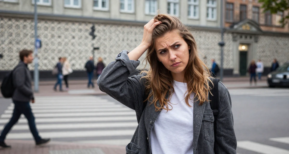 A teasing Female From Aarhus Denmark, studied digital concept development in their 20, balancing part-time jobs with intense study schedules, wearing a relaxed streetwear, scratching the head in confusion in a busy intersection.
