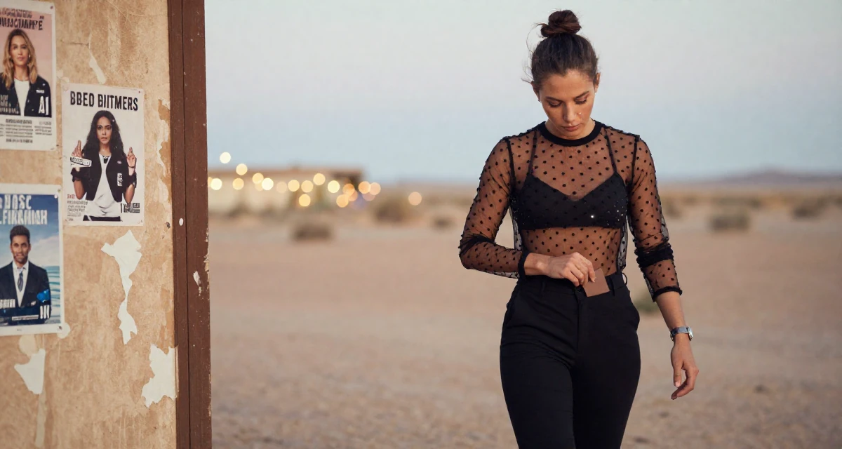 A focused and sharp male Once a gym receptionist, now building her own fan-driven fitness brand in their 36, documenting the process of writing a book, wearing a sheer polka dot blouse and black trousers, looking for something in a pocket in a desert landscape.
