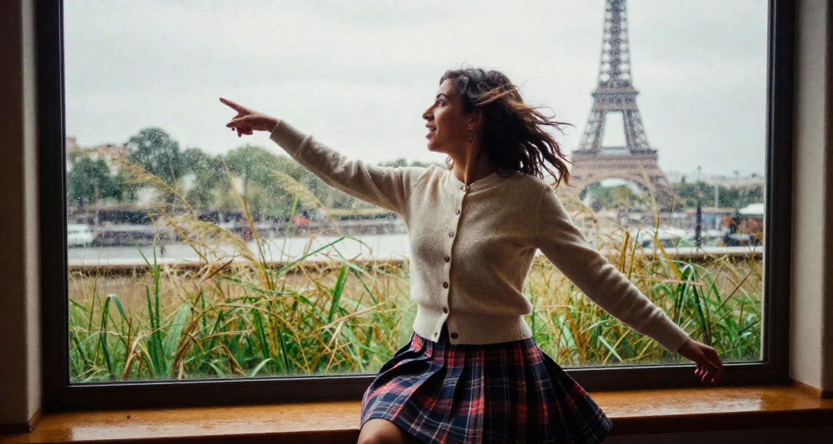 A bold and charismatic Female From Porto Portugal, studied event management in their 20, capturing every moment for the aesthetic, wearing a classic librarian style cardigan and a plaid skirt, pointing at something nearby in a rainy window seat.