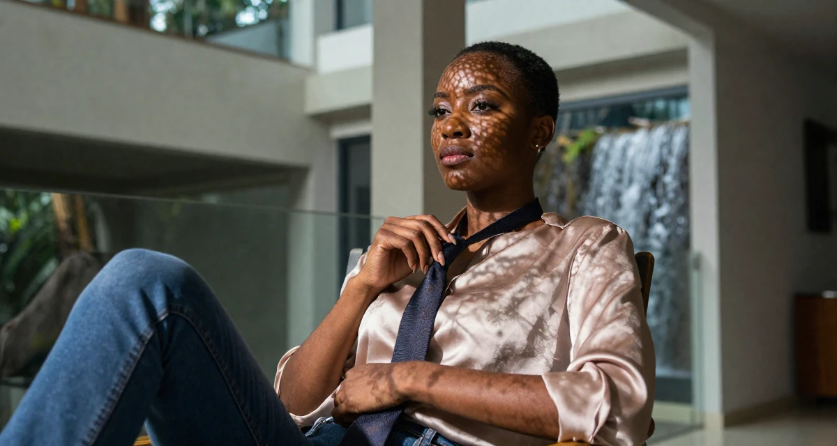 A calmly observant Female From Jamaica, studied event management in their 27, accepting that success requires endless reinvention, wearing a soft silk blouse and jeans, playing with a tie in a home interior.