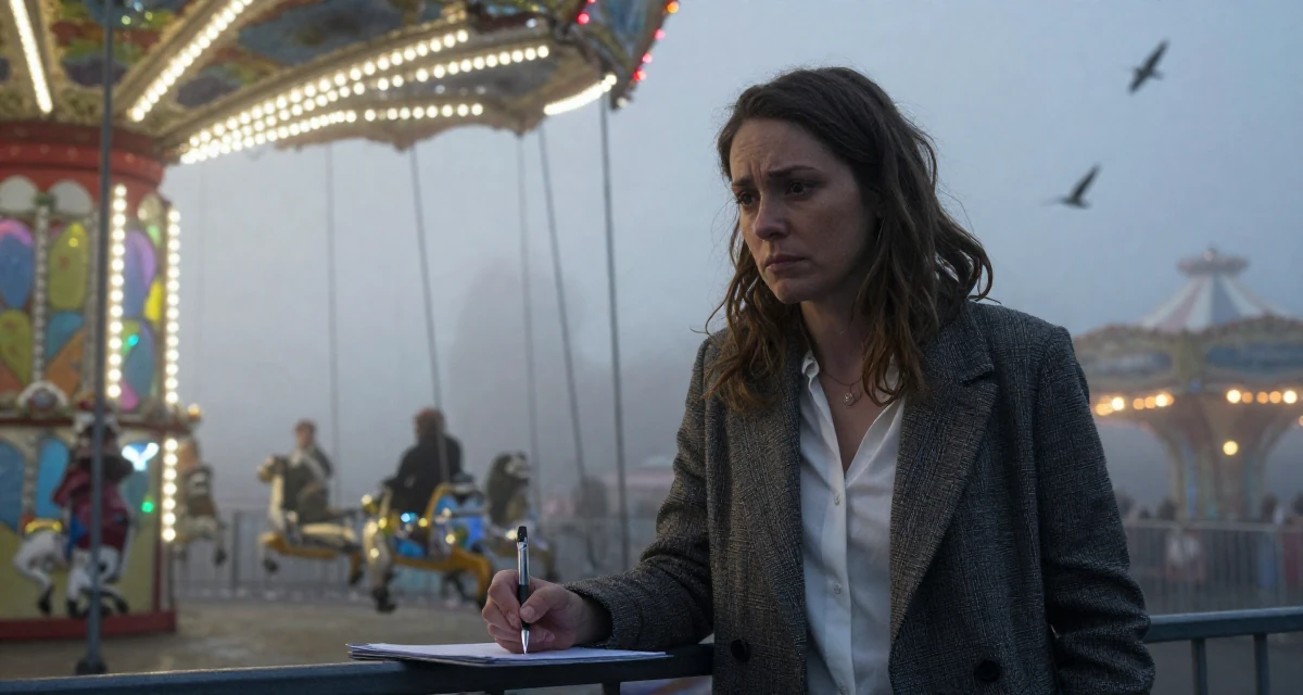 A worried Female From Switzerland, based in Geneva, graduated from a local university majoring in communication management in their 48, finding purpose beyond motherhood, wearing a refined casual Friday look, holding a pen poised to write in a carnival with rides.