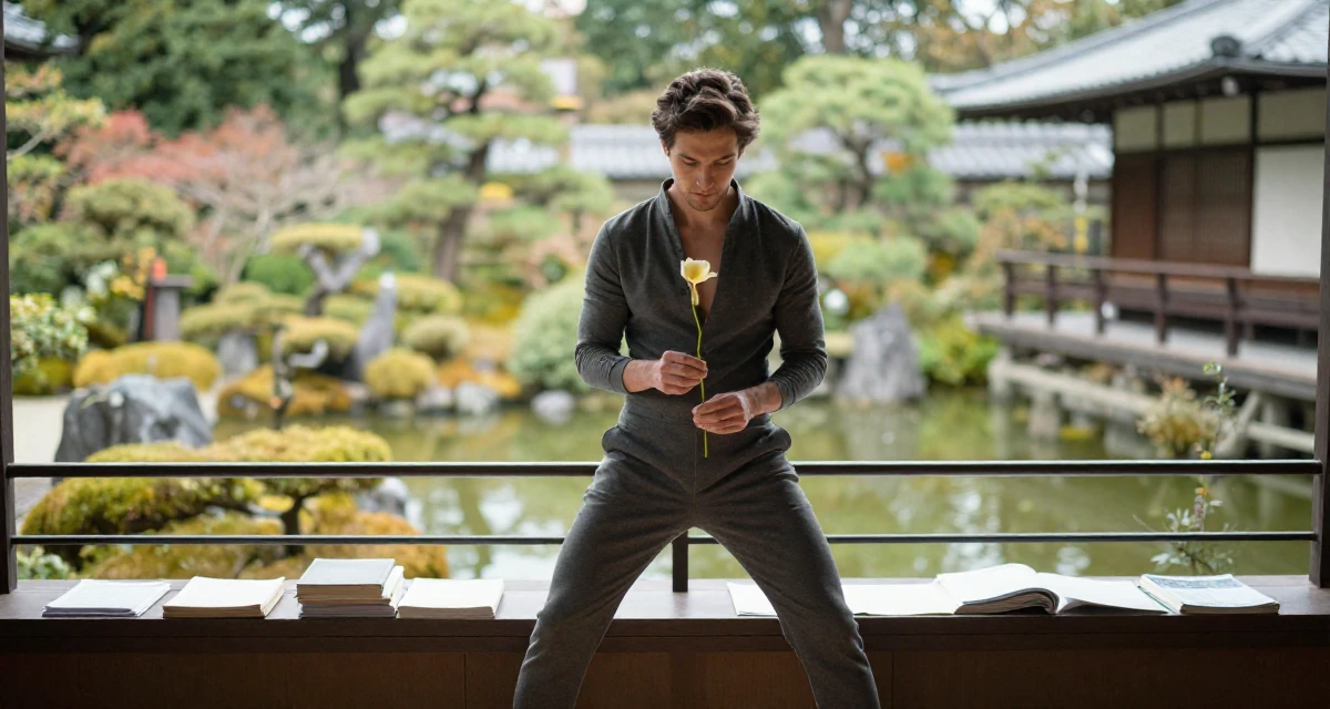 A deeply absorbed male Born in Ukraine, majored in creative communication in their 25, learning to batch-shoot to save time, wearing a tailored jumpsuit with a deep v-neck, holding a flower in a opera house balcony.