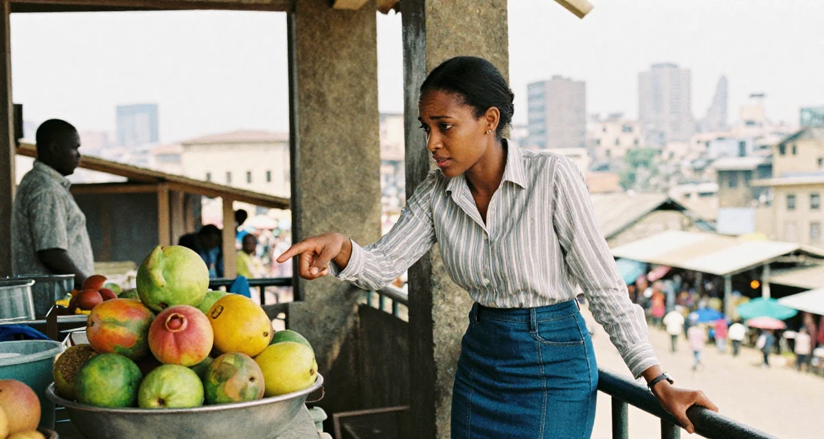 A troubled Female From Ethiopia, studied software development in their 25, building a consistent weekly posting schedule, wearing a striped button-down shirt tucked into a denim pencil skirt, pointing at something nearby in a bustling market.