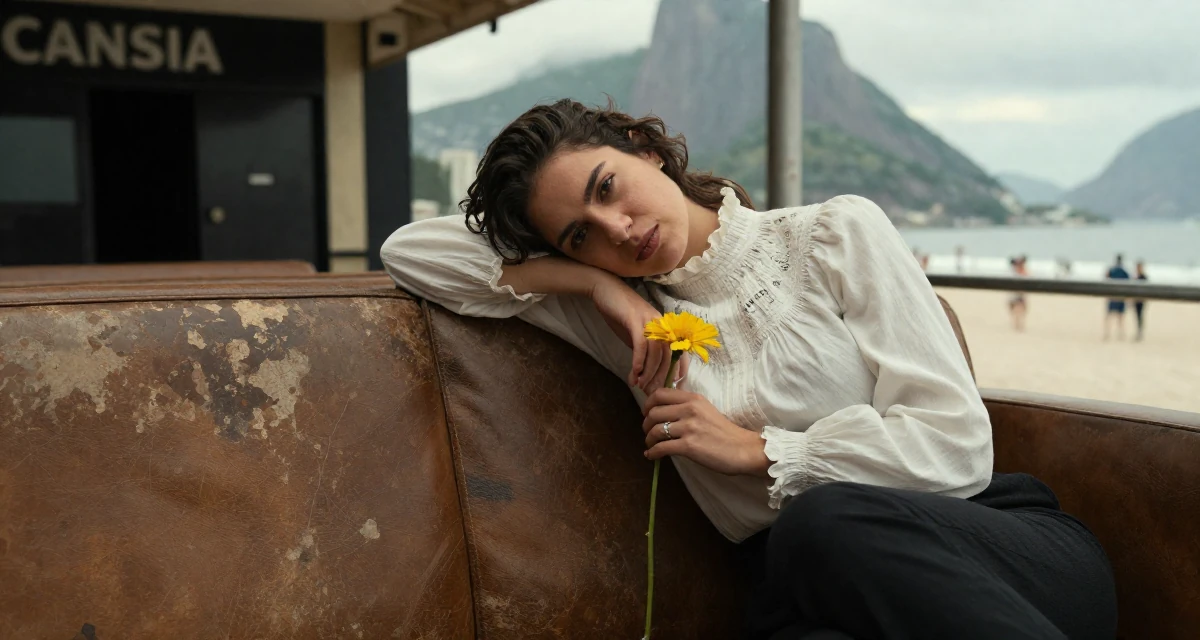 A cheeky Female From Rio de Janeiro Brazil, learned fitness aesthetics through beach culture in their 29, trying to plan a future with unpredictable income, wearing a high-neck victorian style blouse and black slacks, holding a single flower in a cinema entrance.