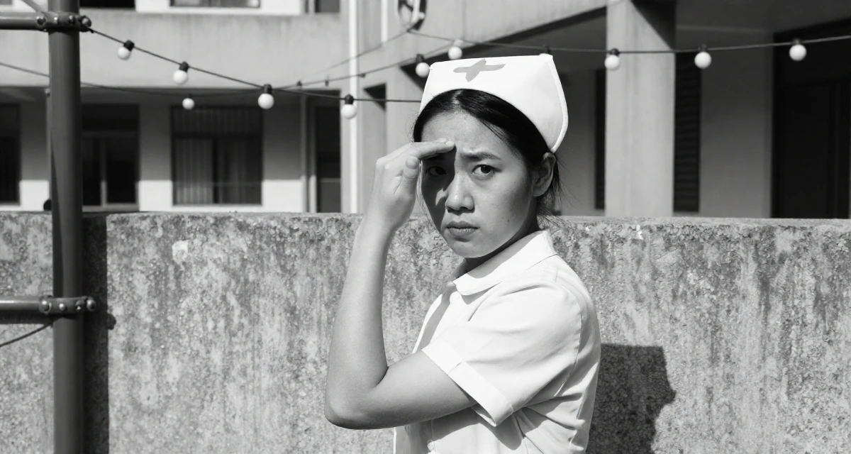 A curious and focused Female From Chinese-speaking regions, studied mechanical design in their 23, building first professional networks, wearing a nurse cosplay uniform with a stylized cap, shading eyes with a hand in a school playground.
