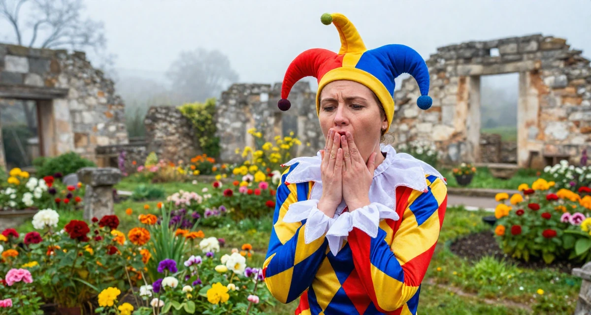 A sentimental Female From Brno Czech Republic, trained in alternative fashion styling in their 45, reviewing anti-aging products with honesty, wearing a harlequin jester costume with a diamond pattern, yawning discreetly in a blooming flower garden.
