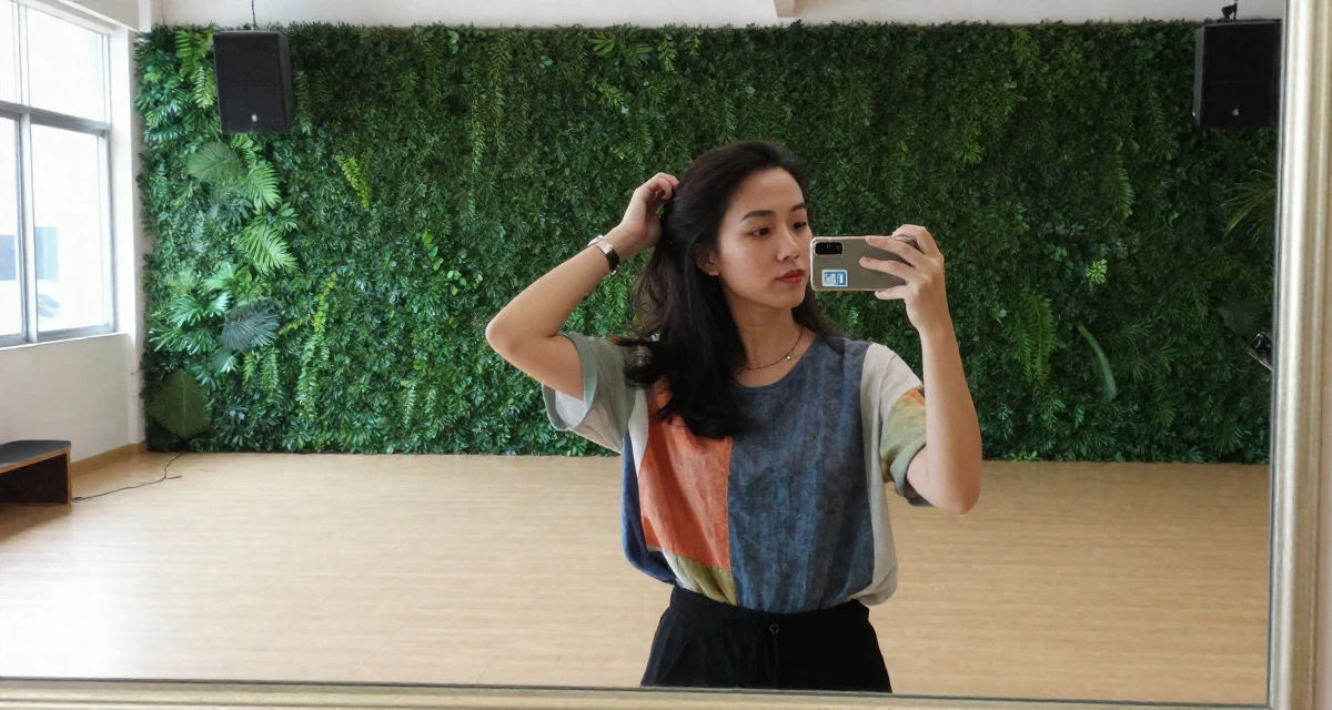 A zoned out Female From Penang Malaysia, studied UI/UX design in their 32, building a personal brand on LinkedIn, wearing a artistic layered clothing, brushing hair back in a empty theater stage.