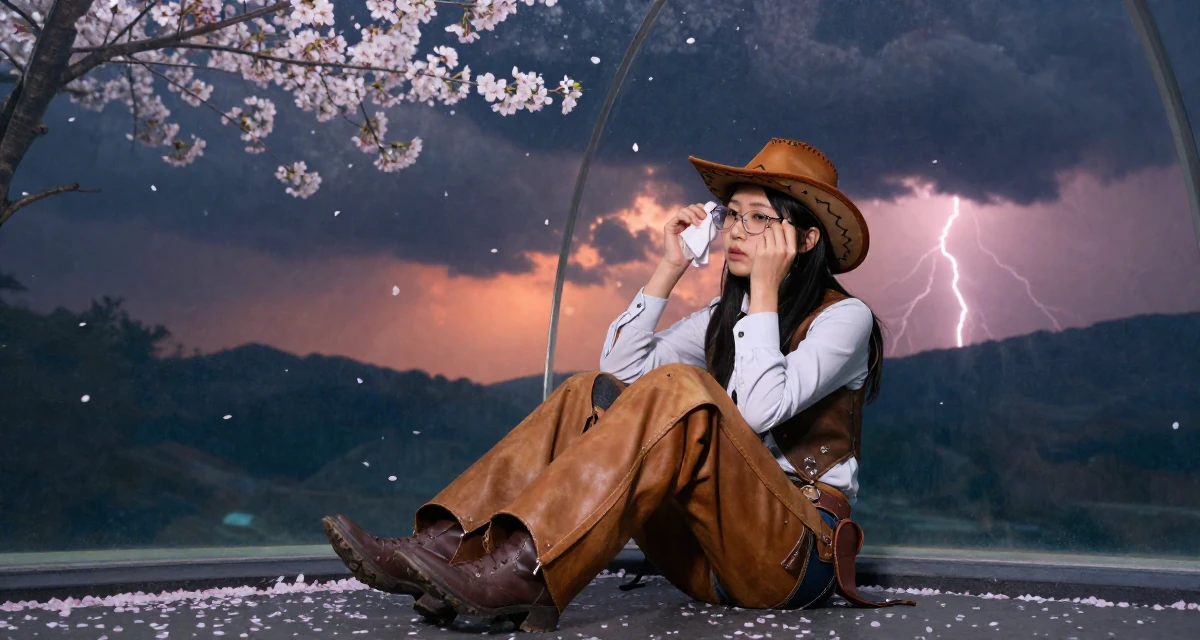 A exhausted Female From Seoul South Korea, studied international relations in their 23, shifting from spontaneous posting to planned batches, wearing a wild west cowgirl outfit with chaps and a hat, cleaning glasses with a cloth in a aquarium tunnel.