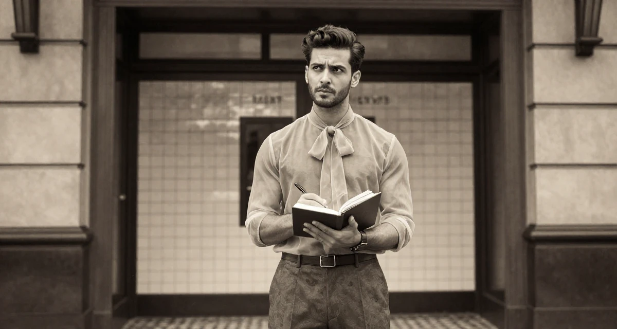 A assertive male From Sri Lanka, studied digital commerce in their 28, questioning whether to scale up or scale back, wearing a sheer chiffon blouse with a bow tie neck and slacks, writing in a journal in a cinema entrance.
