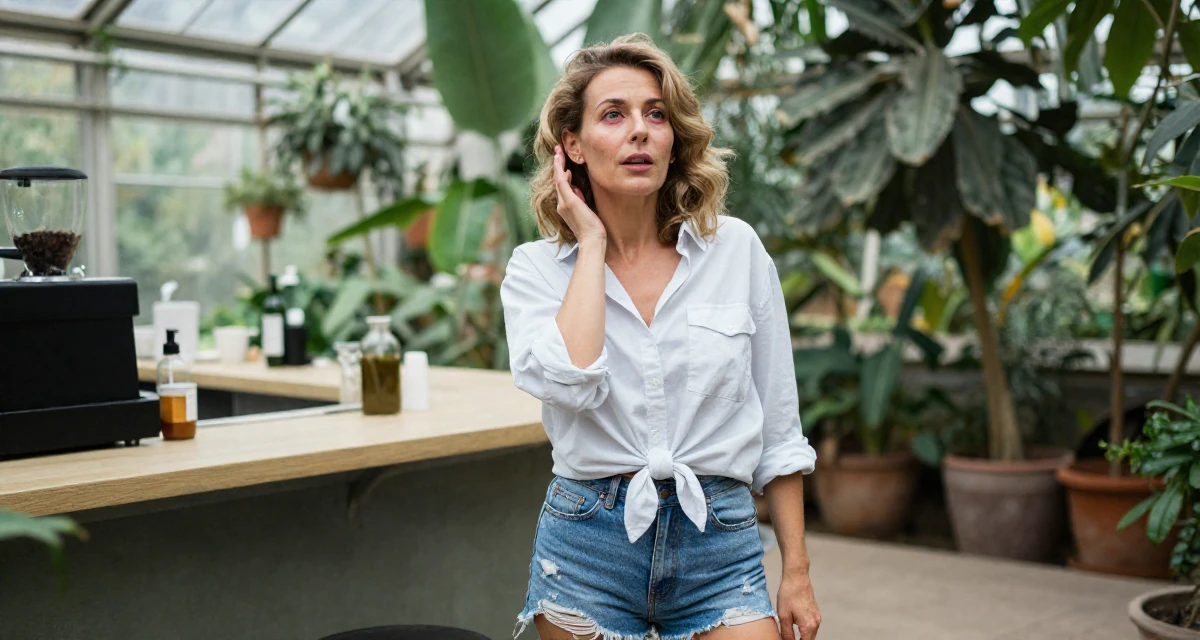 A wild Female Raised in Romania, studied entertainment marketing in their 34, focusing on skincare and graceful aging, wearing a button-down shirt tied at the waist and denim cutoffs, rolling up sleeves in a botanical greenhouse.