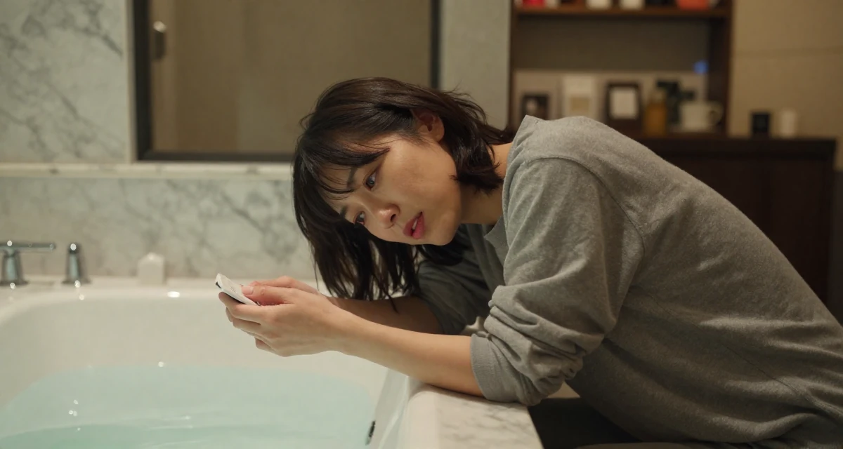 A relieved Female From Japan, majored in interactive media in their 38, capturing cinematic moments of daily life, wearing a grey tones casual wear, inspecting an object in a marble bathroom with a tub.