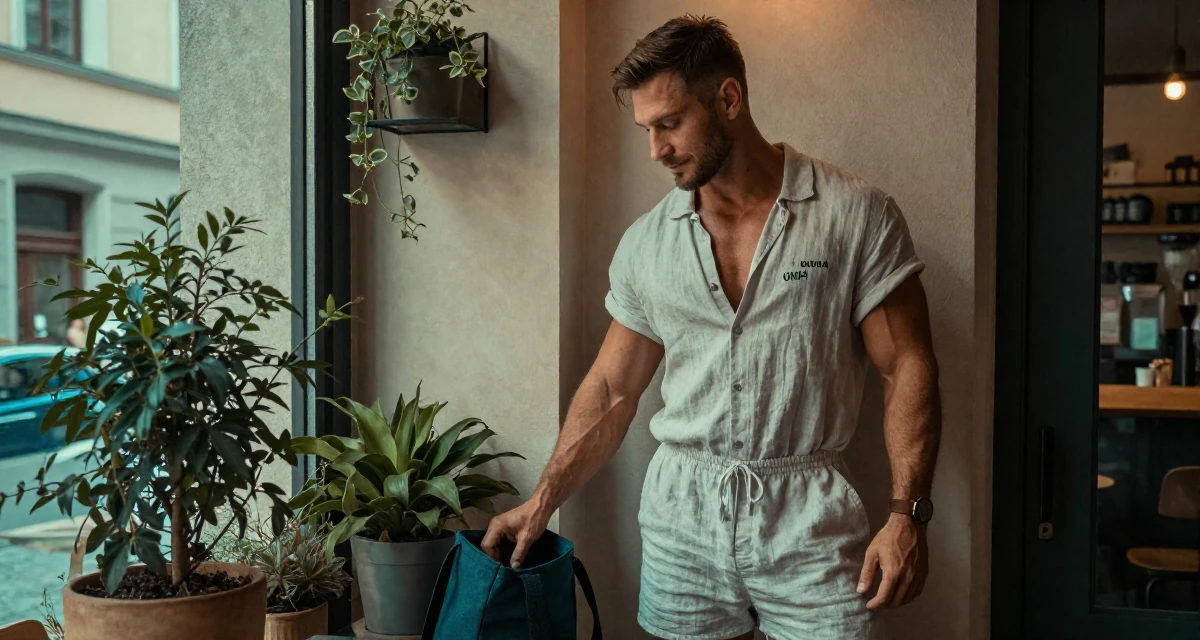 A peaceful male From Munich Germany, studied fitness conditioning and physique training in their 23, developing more mature, confident branding, wearing a short romper made of soft linen fabric, reaching into a bag in a coffee shop corner.