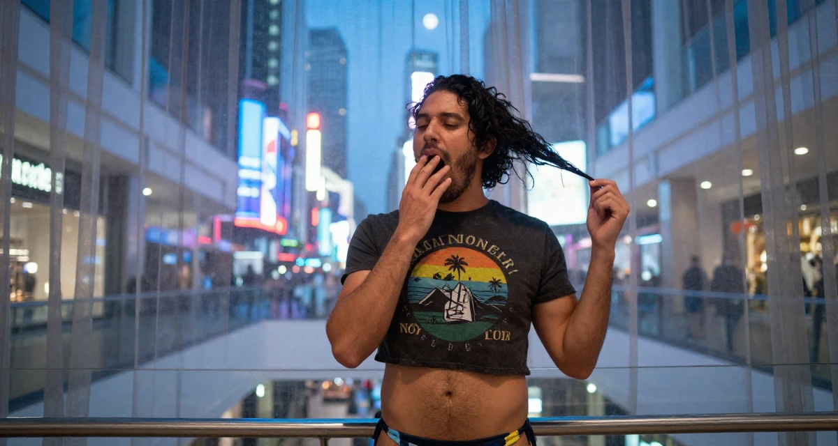 A radiant male Raised in Canada, majored in fine arts in their 42, passionate about sustainable luxury living, wearing a cropped graphic tee and bikini bottoms, yawning discreetly in a shopping mall atrium.