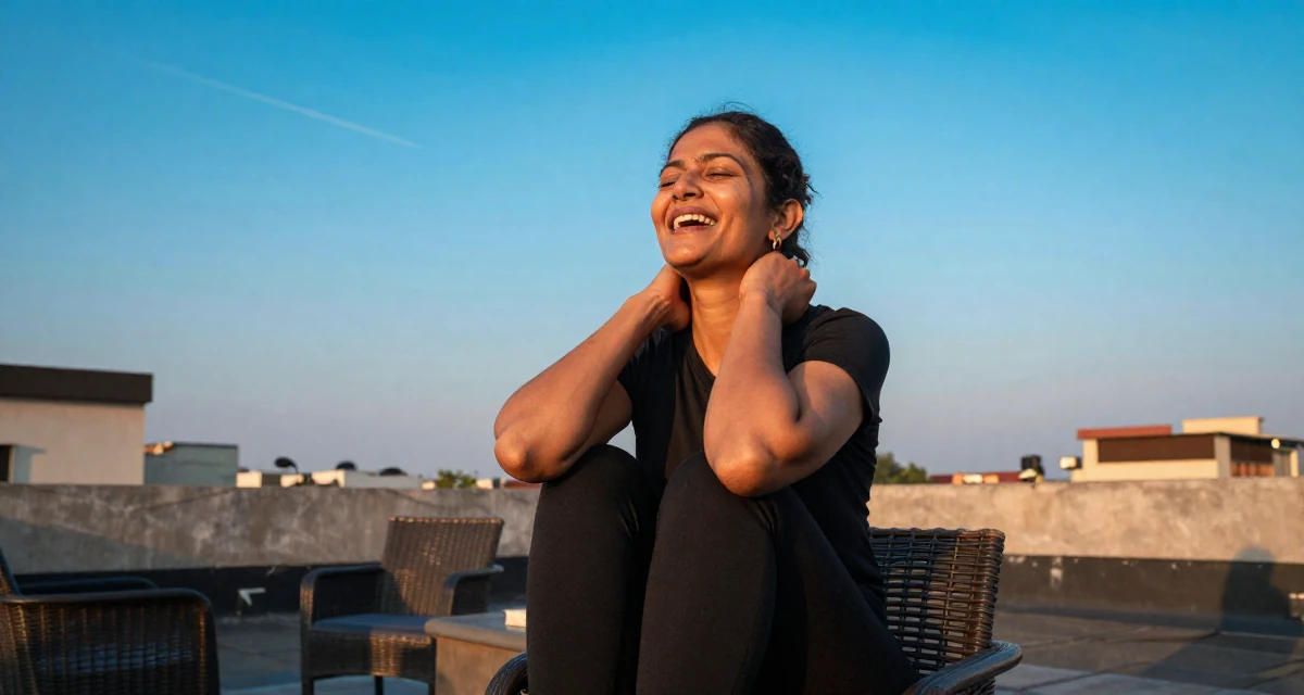 A ecstatic Female Raised in Bangladesh, studied consumer insights in their 41, documenting a mid-life fitness transformation, wearing a monochromatic black outfit, stretching the neck in a rooftop terrace at sunset.