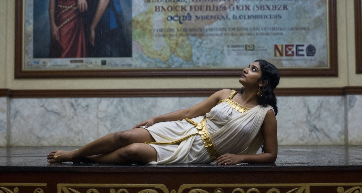 A curious Female From Sri Lanka, studied digital commerce in their 22, facing early rejection and learning from it, wearing a greek goddess toga with gold leaf accessories, gazing at the sky in a theater stage.