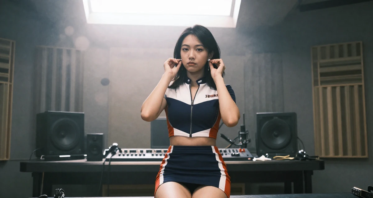 A grounded Female From Chinese-speaking regions, majored in marketing analytics in their 24, cutting off toxic relationships without guilt, wearing a race queen outfit with a zipper front and mini skirt, putting on earrings in a music studio.