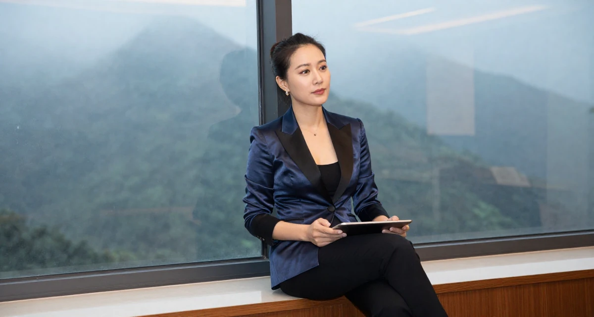 A sultry Female From ChangSha China, holds a degree in human resource management in their 48, confident public speaker and thought leader, wearing a satin lapel blazer and tuxedo pants, holding a tablet in a conference room.