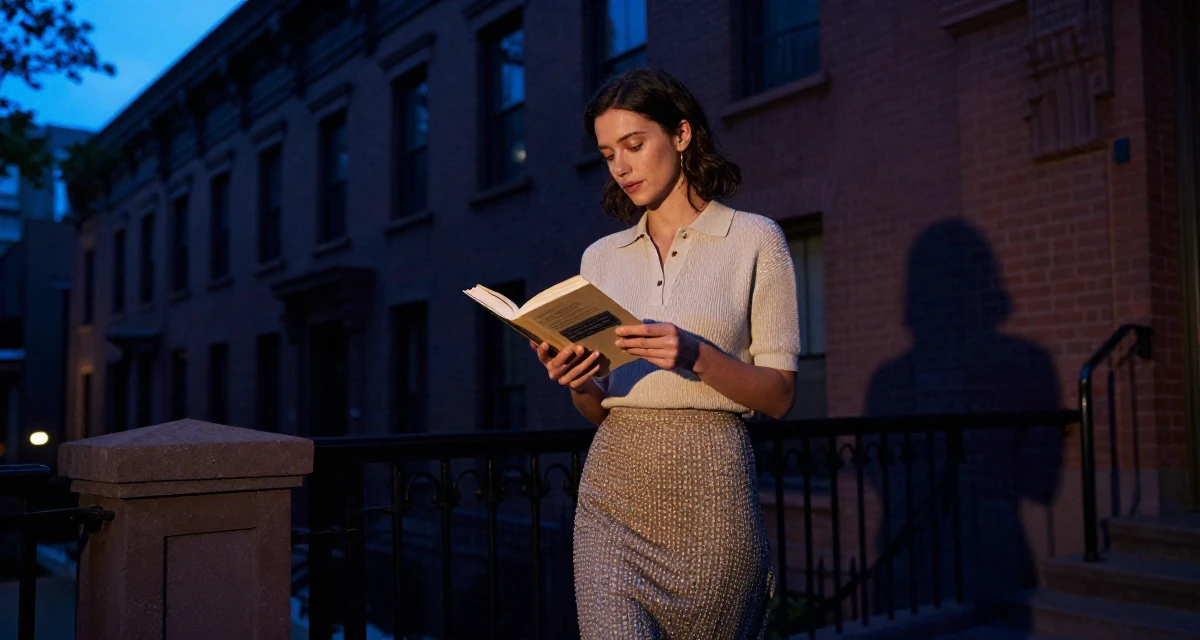 A sentimental Female Once a biology student, now exploring sensual posing as art in their 29, seeking mentorship and higher guidance, wearing a knitted polo shirt tucked into a midi skirt, reading a book intently in a opera house balcony.
