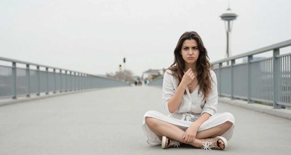 A cynical Female From Turkey, majored in mechatronics in their 23, learning to rebuild after severe drops in engagement, wearing a light and airy spring attire, touching a necklace in a bridge walkway.