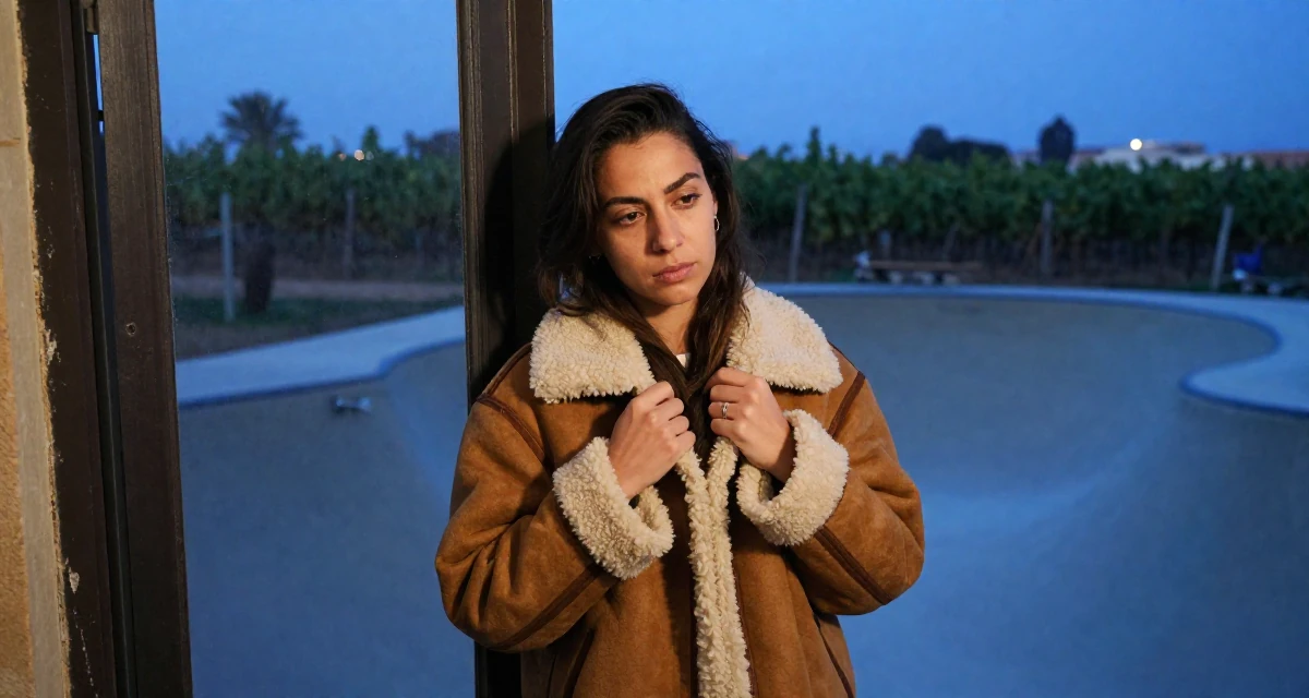 A melancholic yet beautiful Female From Morocco, majored in web development in their 24, feeling cynical about the corporate ladder, wearing a warm shearling jacket, fixing a collar in a skate park.