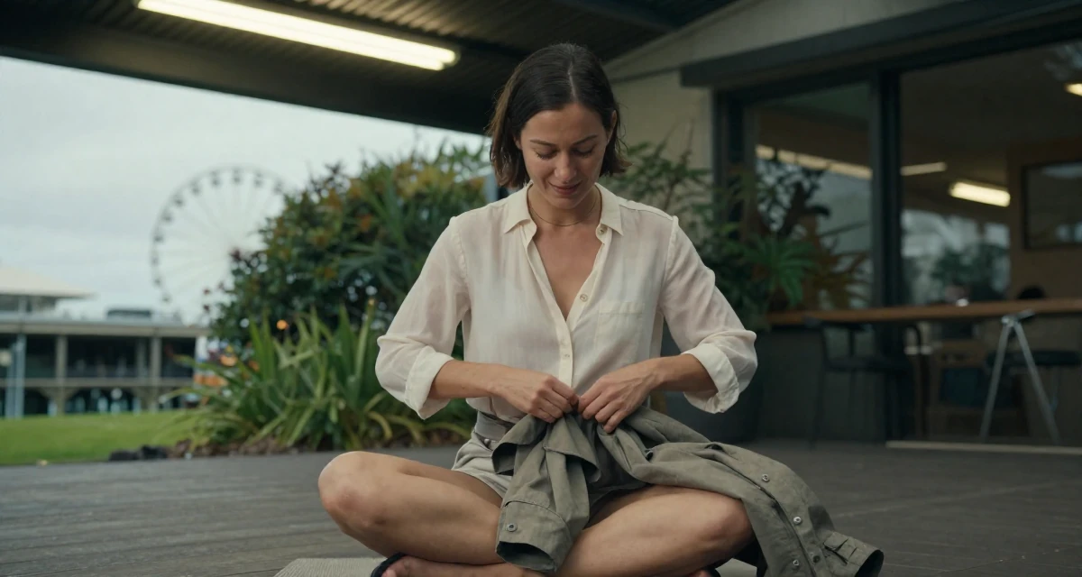 A pleased Female From Auckland New Zealand, studied animation in their 28, leading a small team for the first time, wearing a lightweight chiffon blouse slightly unbuttoned, buttoning up a jacket in a garden patio.
