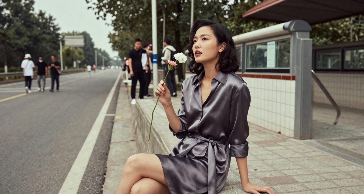 A ambitious Female From Nanjing China, picked up videography working backstage at events in their 24, exploring opportunities for self-expression, wearing a silk shirt dress with a tie waist, holding a single flower in a country road.