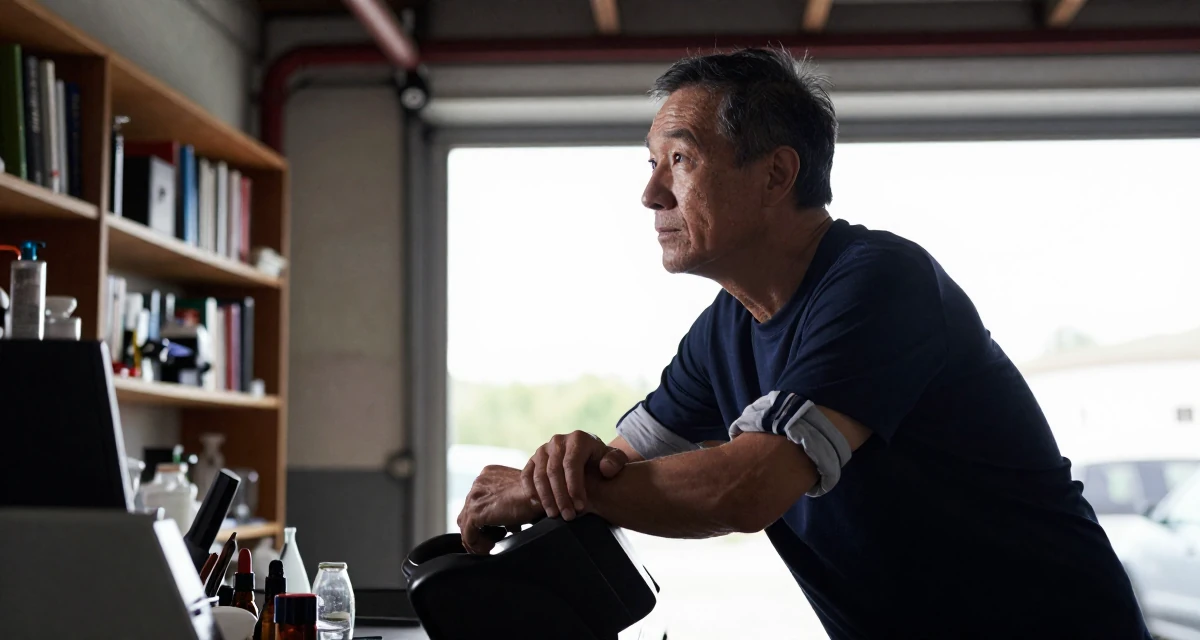 A aloof male Born in Norway, majored in consumer psychology in their 34, focusing on skincare and graceful aging, wearing a sporty athleisure look, rolling up sleeves in a mechanic garage.