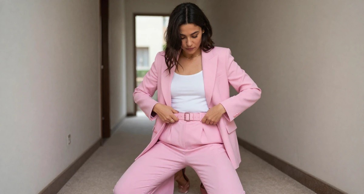 A relaxed Female From Milan Italy, studied fashion styling in their 20, experimenting with a bold new personal style, wearing a tailored pantsuit in pastel pink with a white top, adjusting a belt in a narrow hallway.