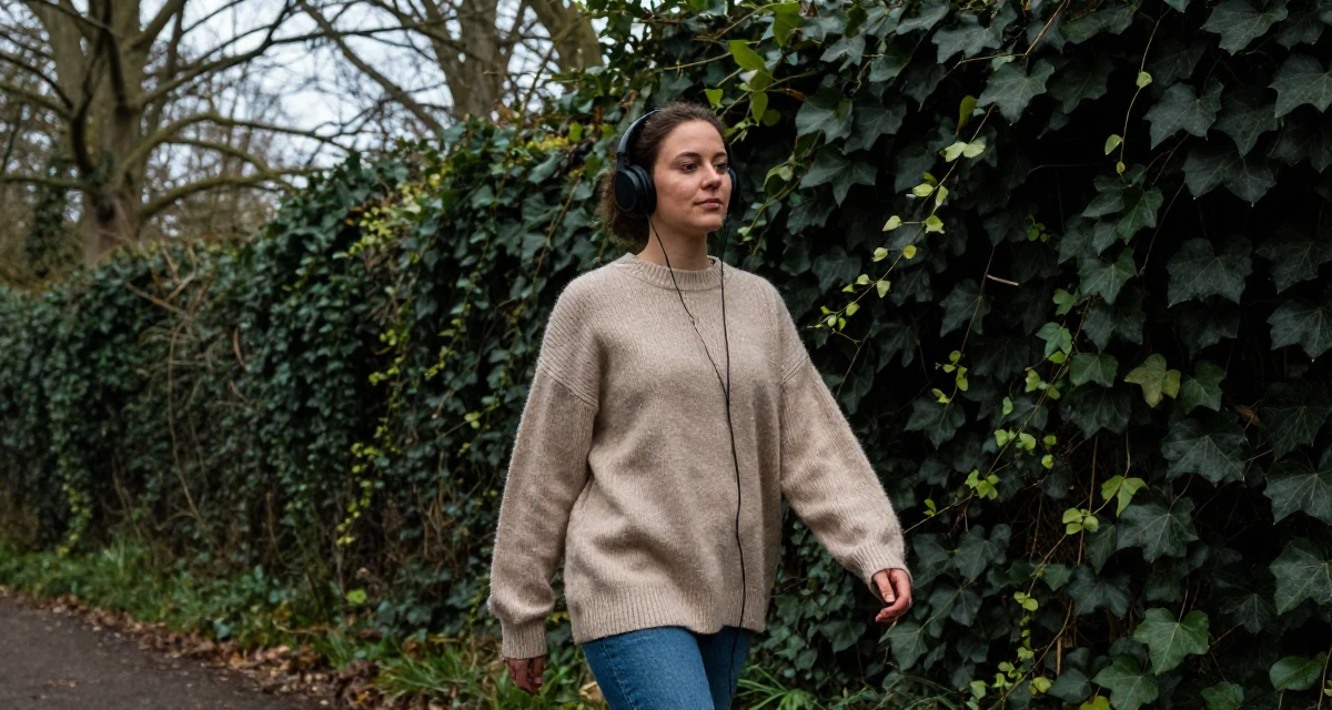 A serene Female From Birmingham United Kingdom, holds a degree in economics in their 23, seeking career clarity through trial and error, wearing a oversized beige sweater and jeans, listening to music with headphones in a magical forest clearing.