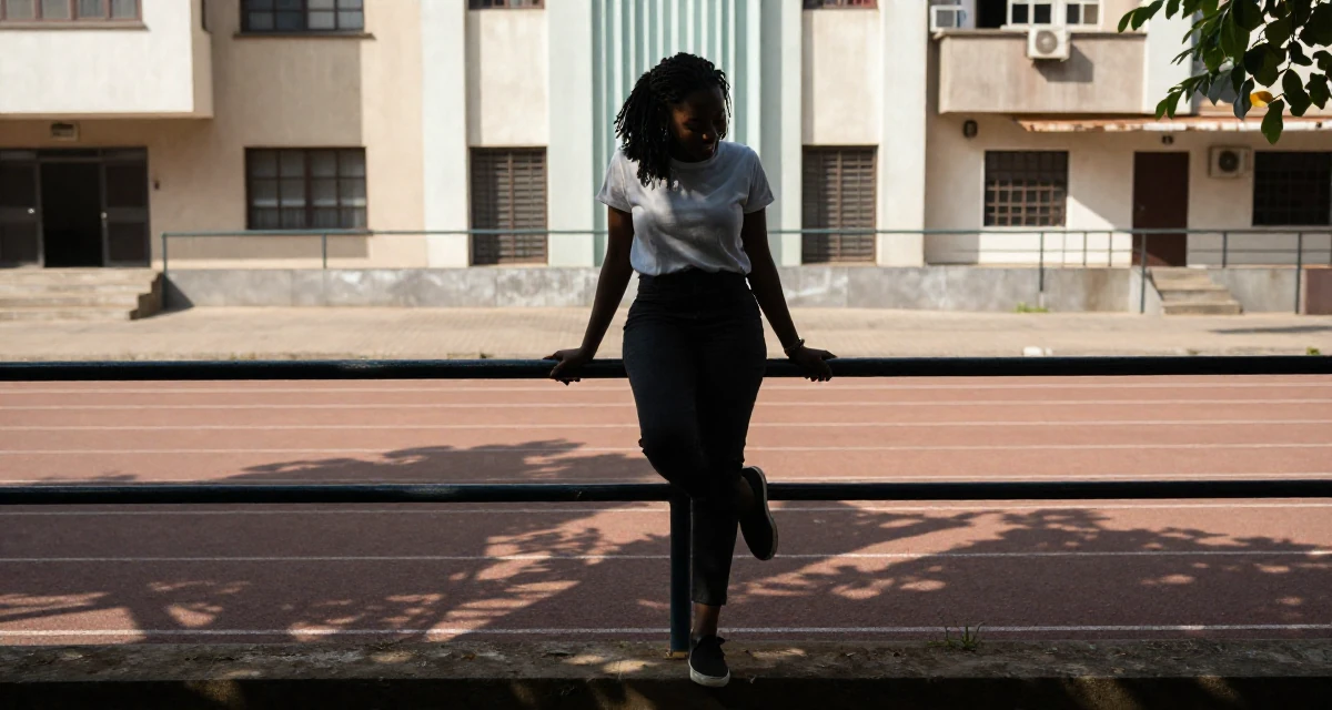 A hopeful Female From Lagos Nigeria, majored in digital marketing in their 23, seeking validation through achievement, wearing a minimalist everyday clothing, looking down at shoes in a running track.