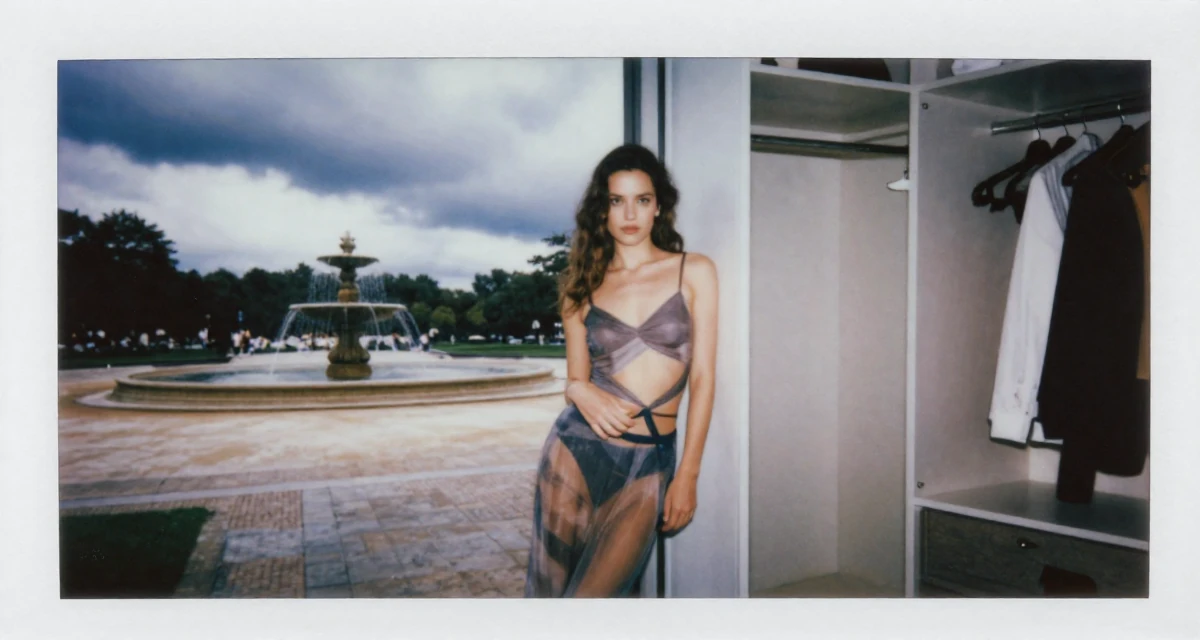 A resolute Female Former figure-skating student, now producing graceful aesthetic content in their 36, sharing the ups and downs of entrepreneurship, wearing a sheer maxi skirt with a bodysuit underneath, leaning against a door in a walk-in wardrobe.