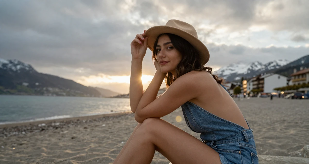 A lazy Female From Valencia Spain, holds a degree in tourism management in their 22, balancing ambition with realistic expectations, wearing a backless halter top and denim shorts, adjusting a hat in a sunset beach.