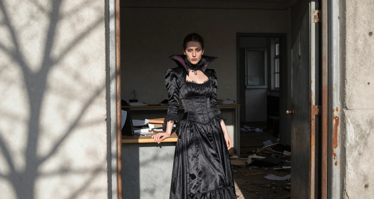 A mellow Female From Aarhus Denmark, studied digital concept development in their 25, experimenting with niche themes to stand out, wearing a vampire queen gown with a high collar and corset, pausing mid-step in a messy desk.