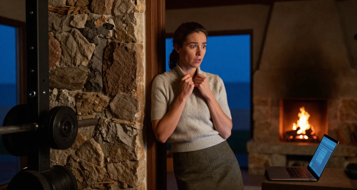 A stunned Female Once a junior photographer, now the subject of her own shoots in their 38, documenting a home gym transformation, wearing a short sleeve cashmere sweater and a skirt, adjusting a collar in a gym interior.