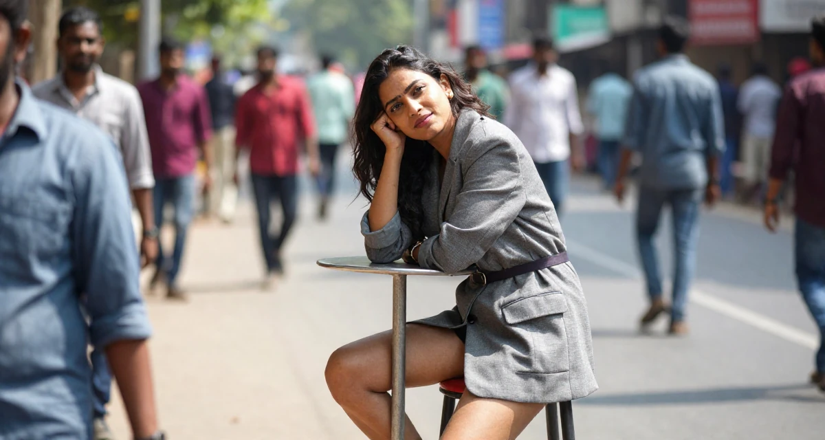 A vibrant and alive Female Born in India, studied data analytics for media in their 22, dealing with inconsistent income month to month, wearing a oversized blazer worn as a dress with a belt, leaning head on a hand in a country road.