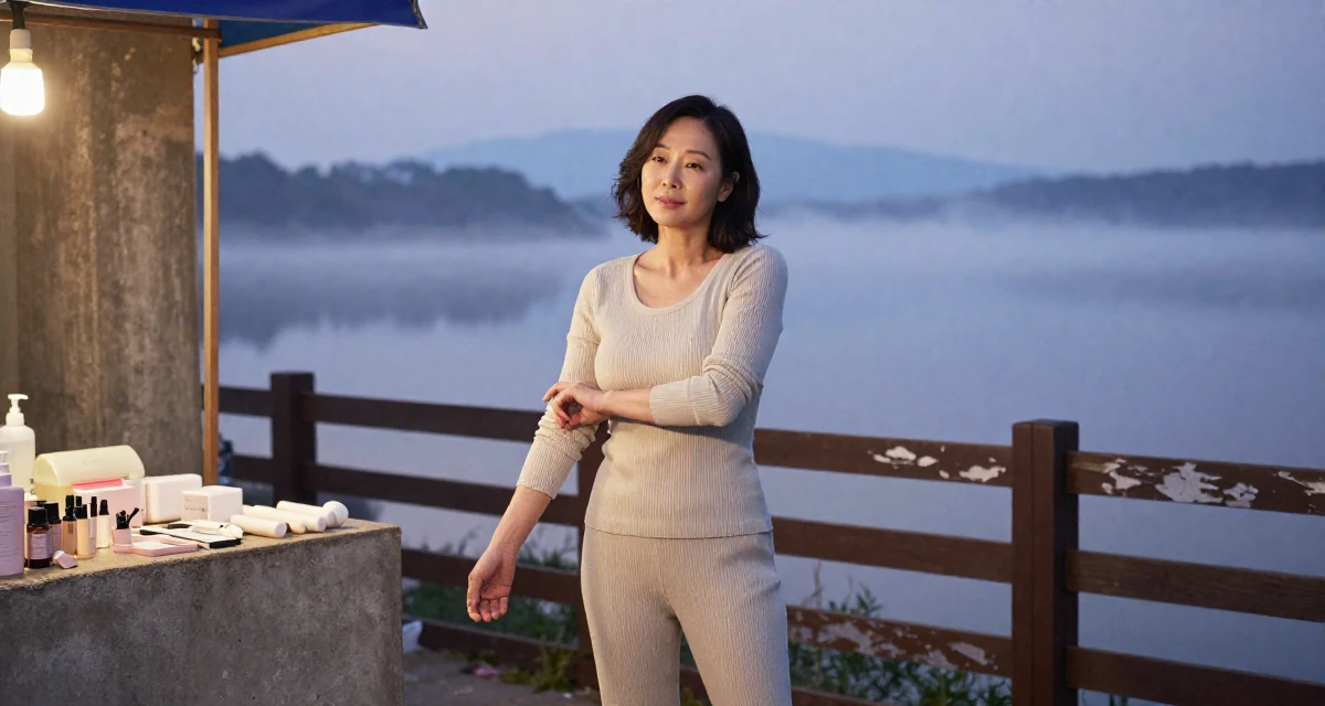 A carefree Female From South Korea, studied interface design in their 34, focusing on skincare and graceful aging, wearing a ribbed lounge set that hugs the curves, adjusting sleeves in a night market stall.