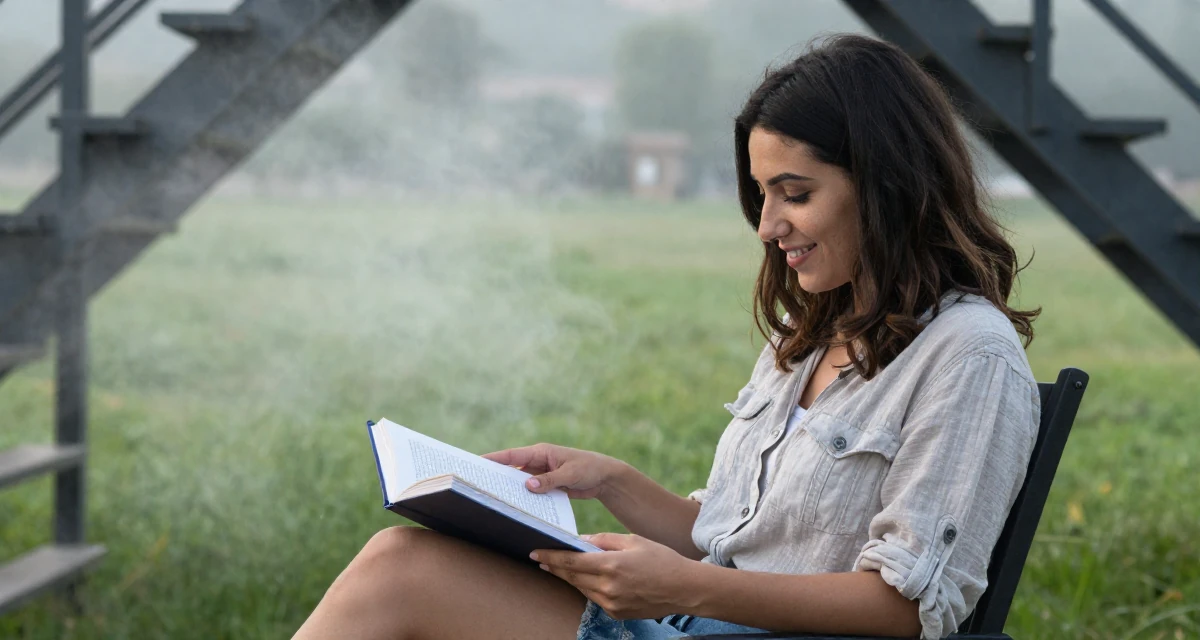 A cheerful Female From Turkey, has a degree in tourism management in their 25, learning to balance creativity with subscriber expectations, wearing a relaxed vacation shirt, turning a page in a grassy field.