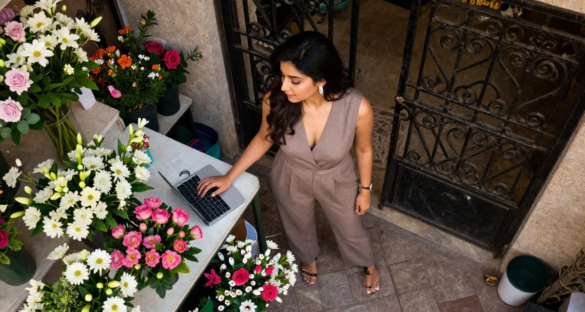 A gentle Female Raised in Pakistan, majored in mass communication in their 24, mastering the art of work-life separation, wearing a tailored jumpsuit with a deep v-neck, tapping a foot in a flower shop.