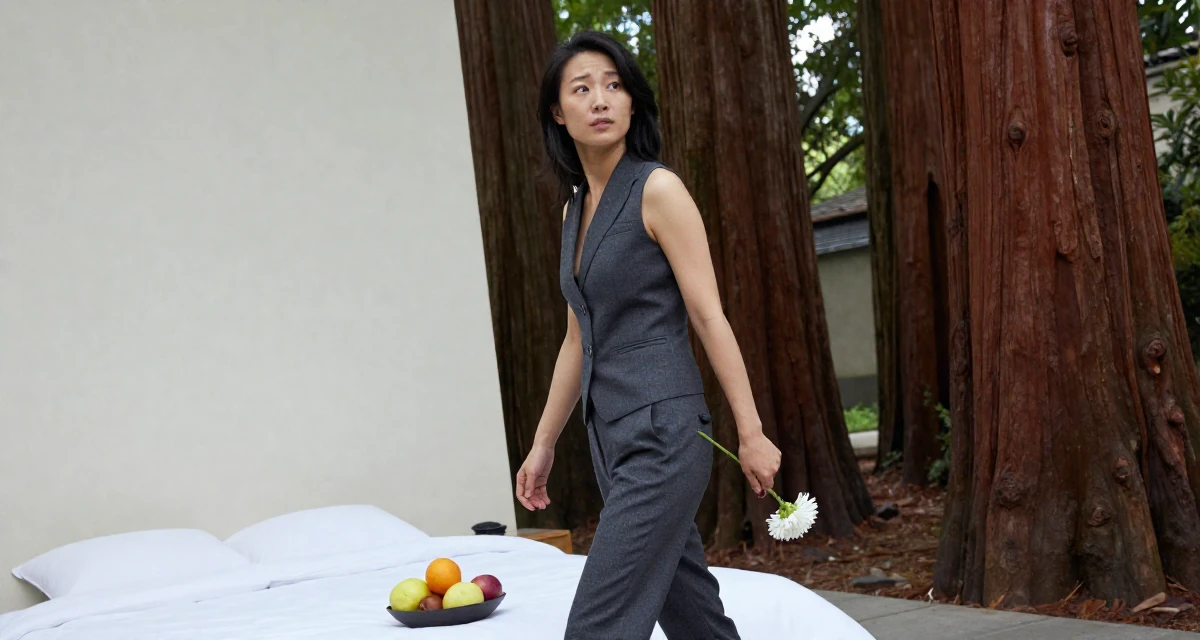 A unbothered Female From Suzhou China, holds a degree in architecture in their 30, redefining what success means personally, wearing a fitted vest top worn without a shirt underneath and slacks, holding a flower in a minimalist bedroom.
