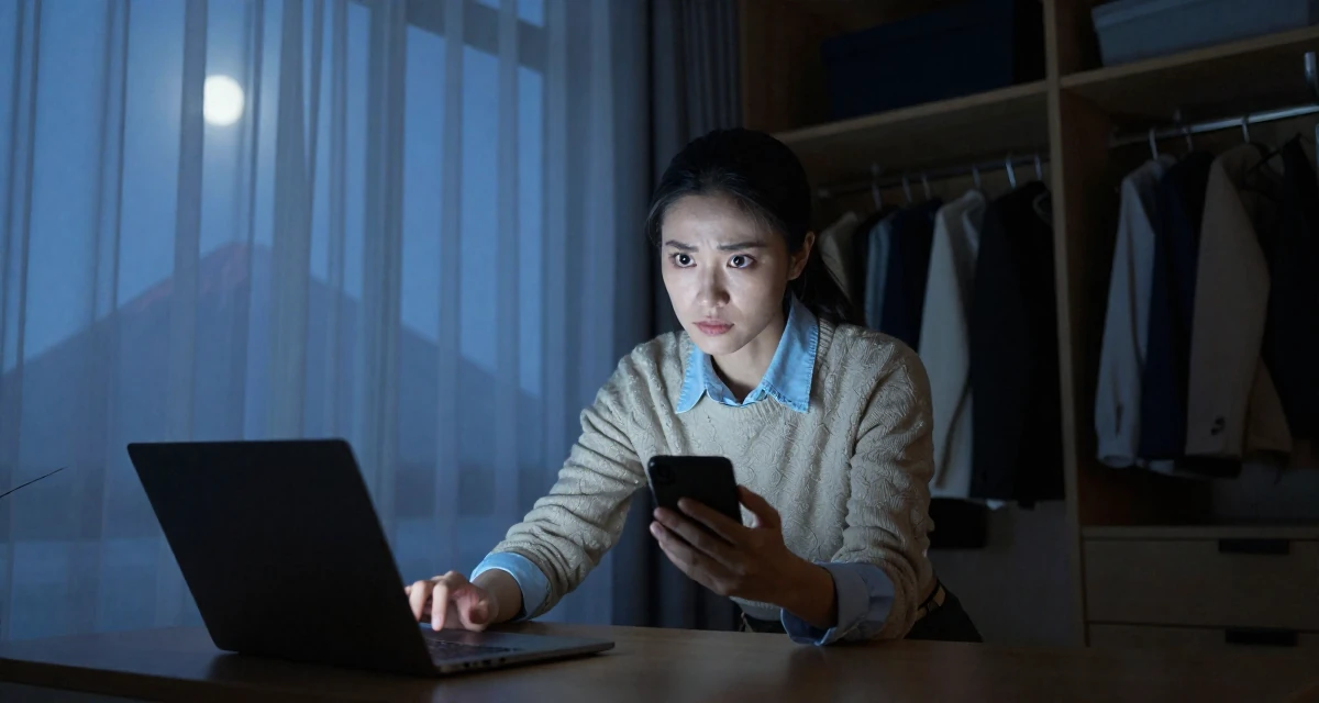 A open and honest Female From Shanghai China, grew up studying dance and digital arts in their 27, dealing with pressure to constantly upgrade quality, wearing a cropped sweater over a collared shirt, glancing sideways in a walk-in wardrobe.