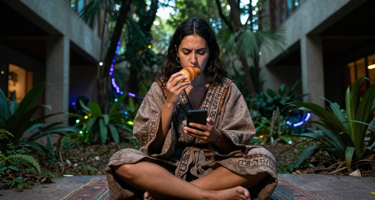 A judgemental Female From Mexico, based in Guadalajara, graduated from a cultural academy majoring in expressive body movement in their 20, spending too much time scrolling social media, wearing a cultist robe with mysterious rune embroidery, eating a croissant in a magical forest clearing.