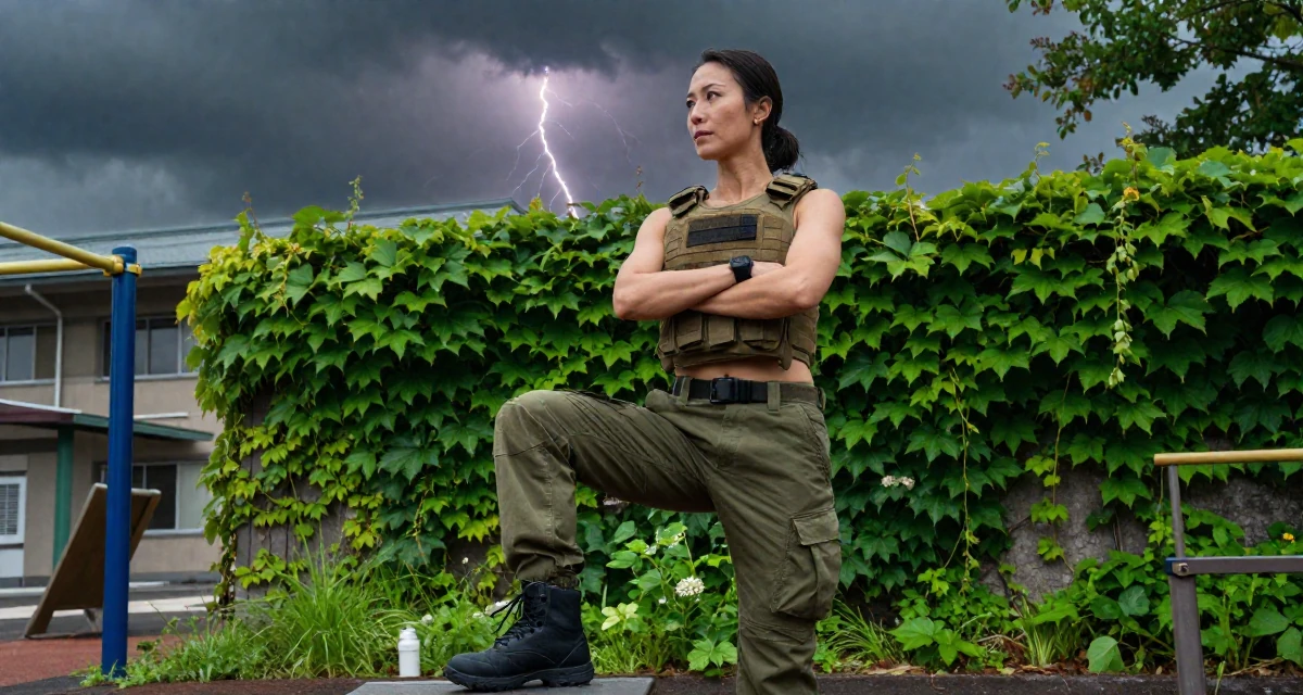 A soulful Female From Sapporo Japan, trained in fitness and body sculpting in their 30, stepping confidently into a new decade of life, wearing a tactical military gear with a cropped vest and cargo pants, tying a shoelace in a school playground.