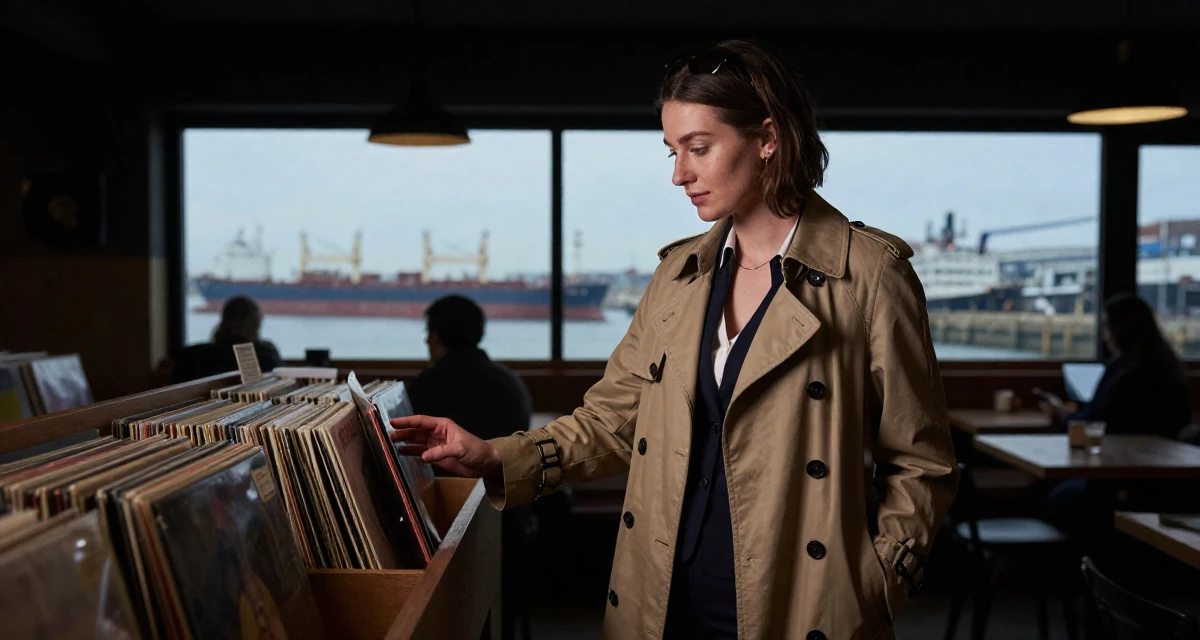A quietly confident Female From UK, has a background in history and archaeology in their 22, experimenting with online creative platforms, wearing a classic trench coat worn over a business dress, inspecting an object in a cozy café.