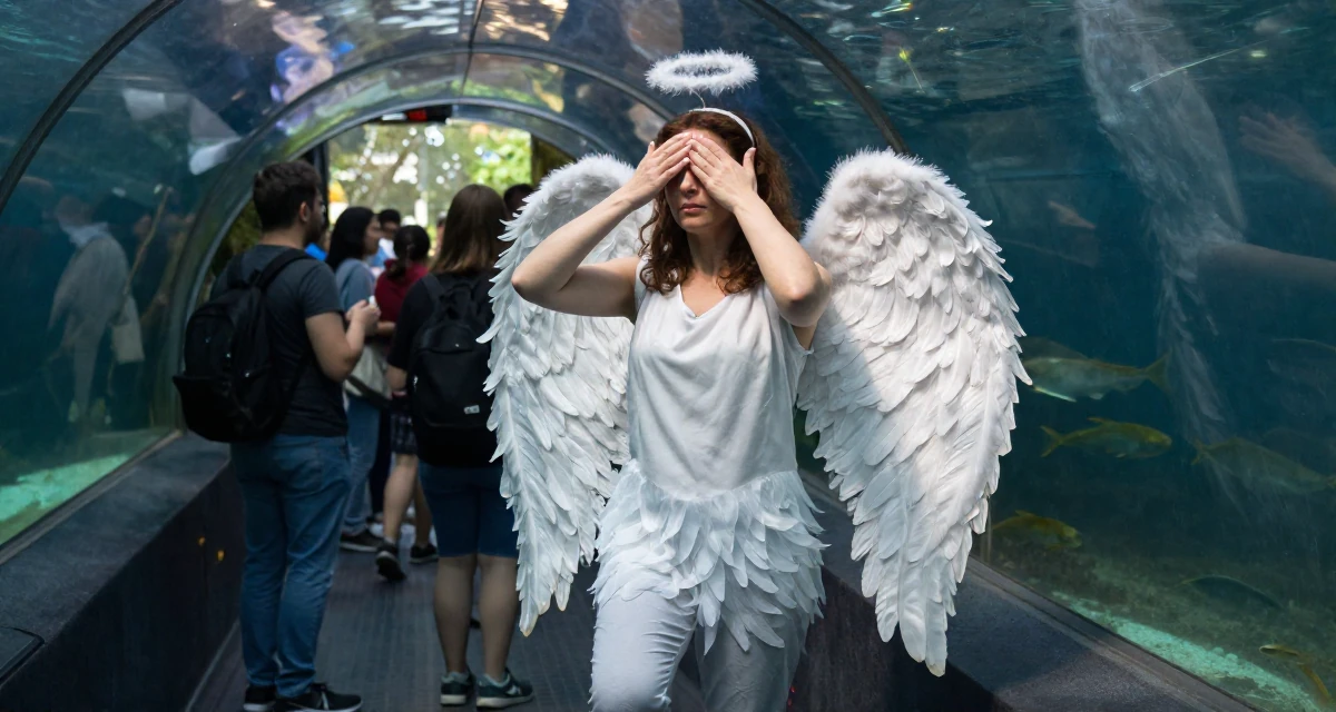 A stoic Female From Bucharest Romania, trained in expressive posing in their 50, golden jubilee celebration of life, wearing a angel costume with large feathered wings and a halo, covering eyes from the sun in a aquarium tunnel.