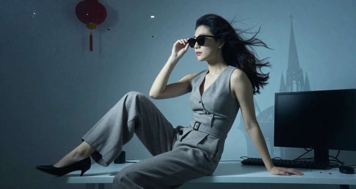 A relaxed and observant Female From Chinese-speaking regions, majored in marketing analytics in their 49, celebrating the beauty of imperfection, wearing a fitted waist coat and wide leg trousers, lowering sunglasses to look out in a home interior.