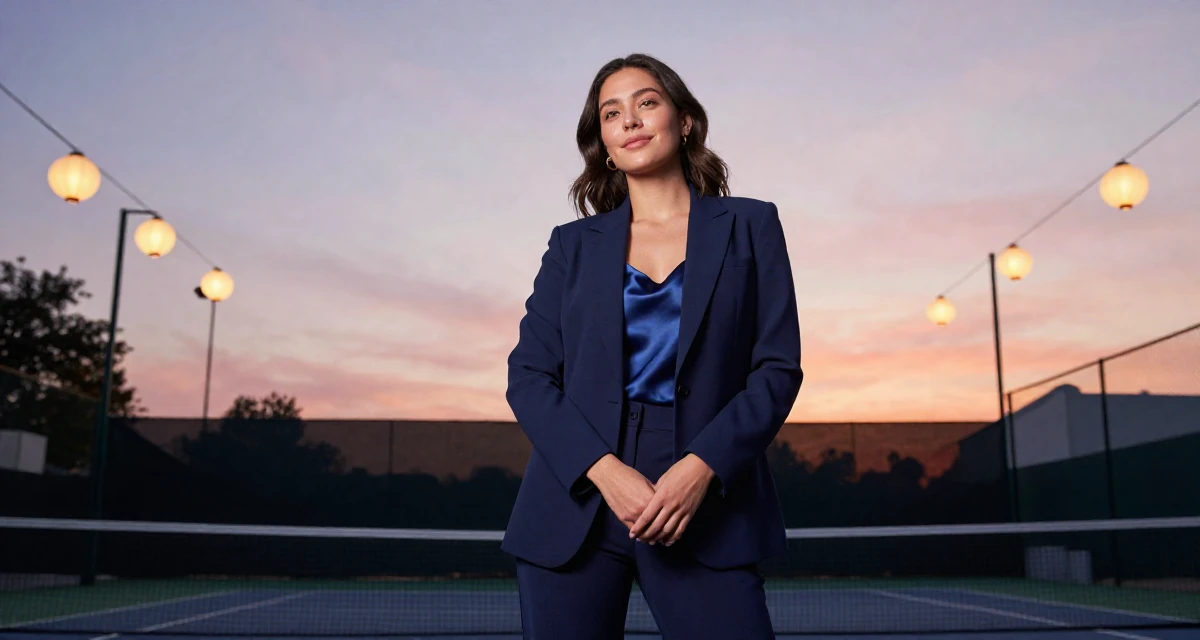 A gentle and kind Female From Mexico, majored in advertising and PR in their 25, exploring soft-glam looks to elevate content quality, wearing a crisp navy blue blazer over a silk camisole and trousers, clasping hands together in a tennis court.