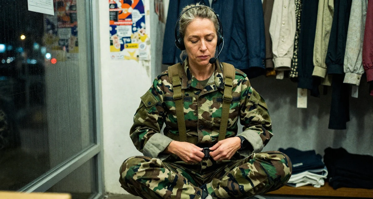 A melancholic yet beautiful Female Once a call-center agent, now a confident camera-ready creator in their 33, navigating the complexity of senior leadership, wearing a commando outfit with camouflage paint and tactical harness, fixing a belt buckle in a clothing boutique.